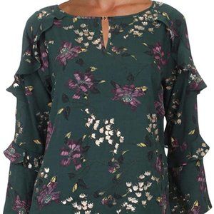 Ivanka Trump Floral Print Tiered Ruffle Bell Sleeve Keyhole Neck Blouse, XS
